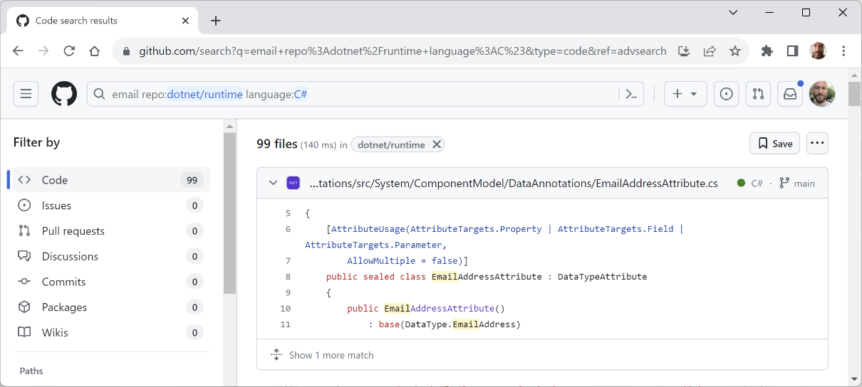 Figure 1.21: Advanced search for email in the dotnet/runtime repository